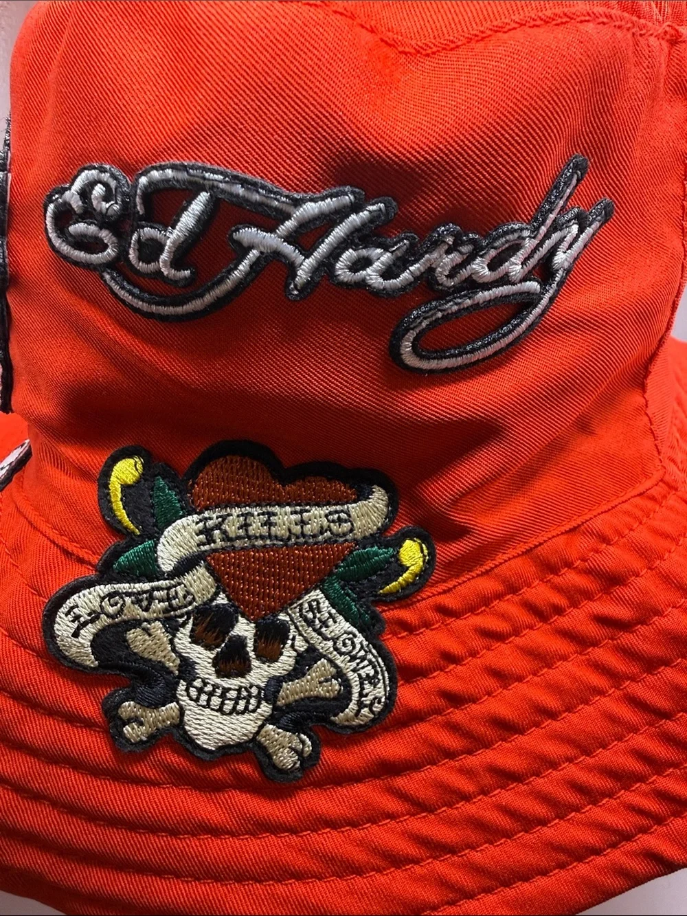Ed Hardy Red Bucket Hat with Embroidered Skull & Tiger Patches Unisex New